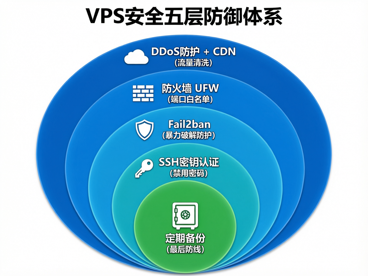 VPS五层安全防御体系：DDoS防护、防火墙、Fail2ban、SSH密钥、定期备份